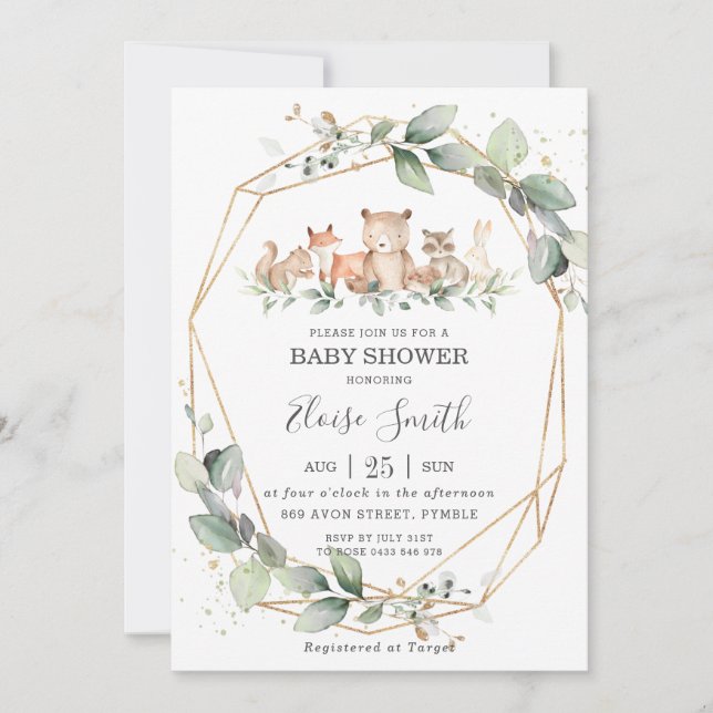 Chic Greenery Woodland Animals Baby Shower Neutral Invitation (Front)