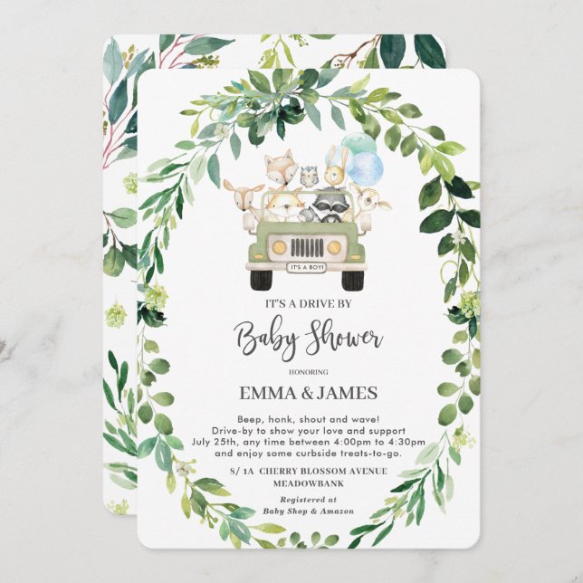 Chic Greenery Woodland Drive By Baby Shower Parade Invitation (Front/Back)
