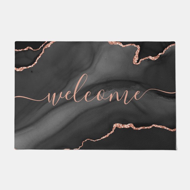 Chic Grey Agate Pink Glitter Script Welcome Doormat (Front)