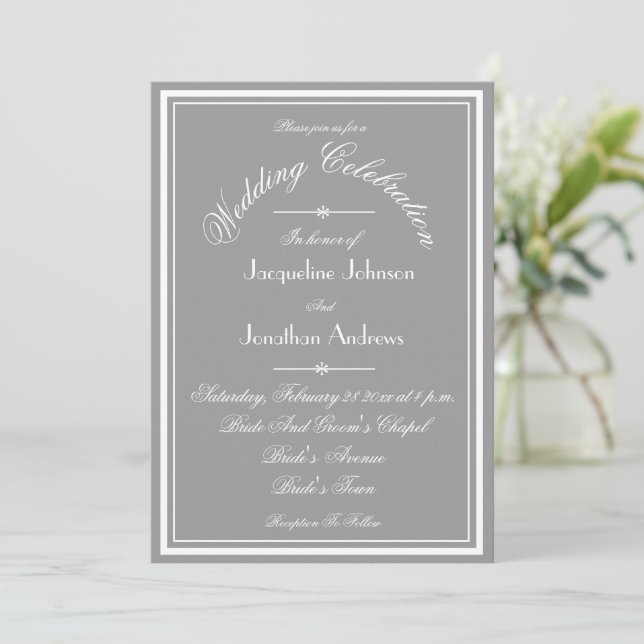 Chic Grey All In One, Email Website RSVP Wedding  Invitation (Standing Front)