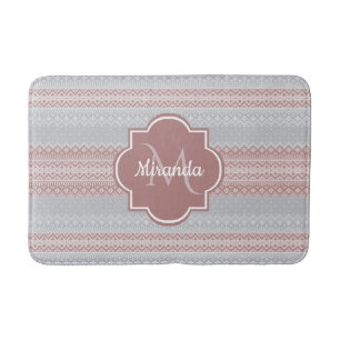 Chic Grey and Dusky Pink Knit Stripes and Monogram Bath Mat