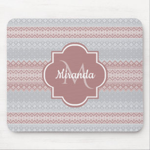 Chic Grey and Dusky Pink Knit Stripes and Monogram Mouse Pad
