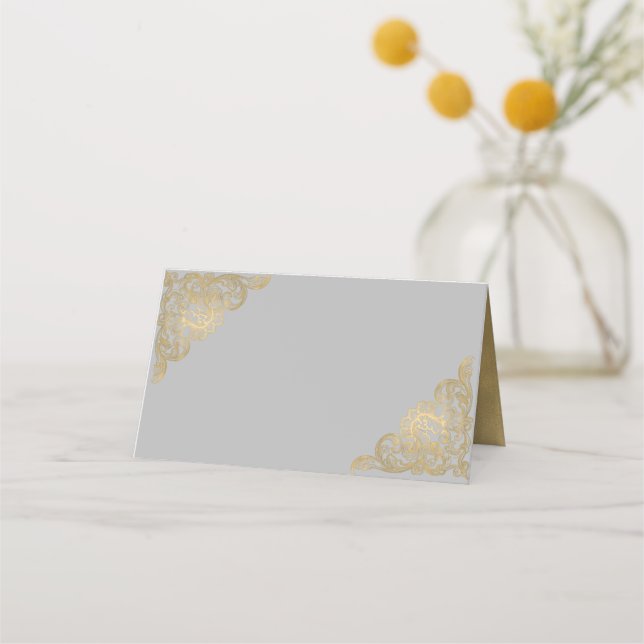 Chic Grey and Gold Wedding Folded Place Card (Front)