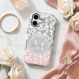 Chic Grey and Pink Damask Swirls Monogram