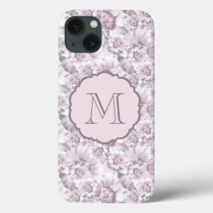 Chic Grey and Pink Floral Pattern Monogram iPhone 13 Case
