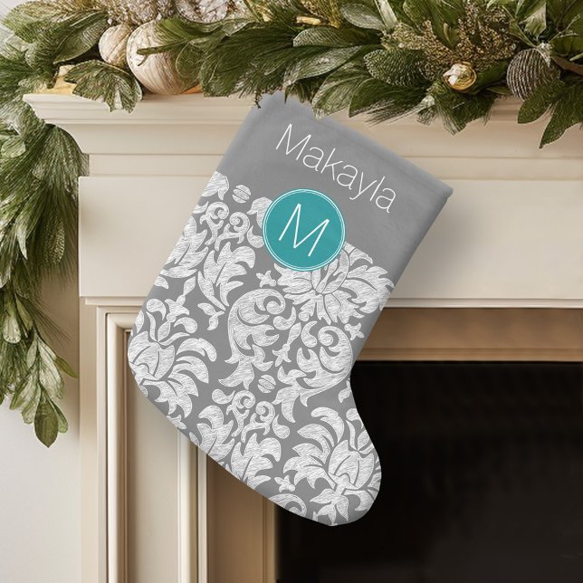 Chic Grey and Teal Damask Pattern Custom Monogram Large Christmas Stocking (Personalized Christmas Stocking)