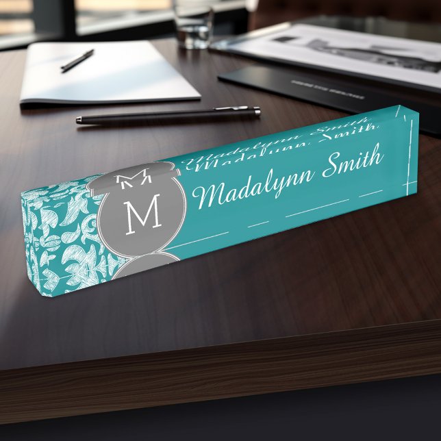 Chic Grey and Teal Damask Pattern Custom Monogram Nameplate (Personalized Name Plate for the Office, School or Home)