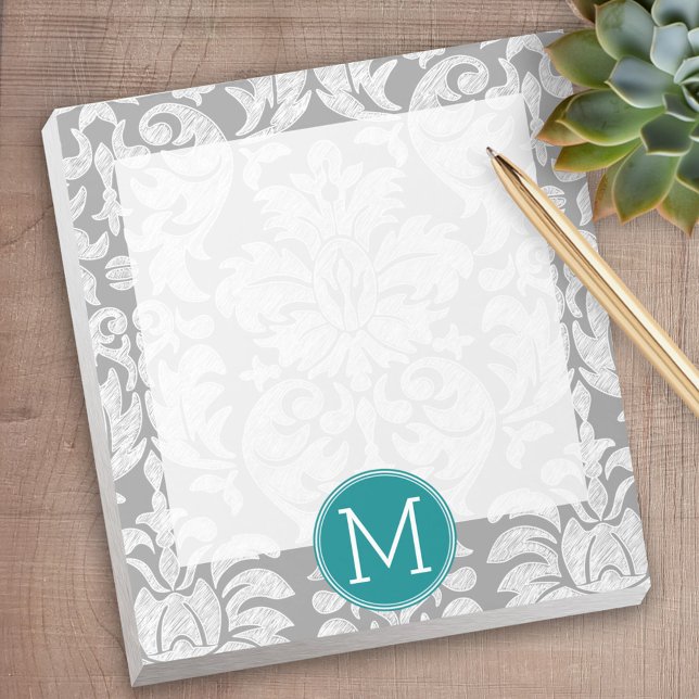 Chic Grey and Teal Damask Pattern Custom Monogram Notepad (Personalized notepad - great for a gift or your home office)