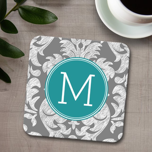 Chic Grey and Teal Damask Pattern Custom Monogram Square Paper Coaster (Personalized coaster with a monogram)