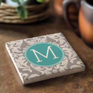 Chic Grey and Teal Damask Pattern Custom Monogram Stone Coaster