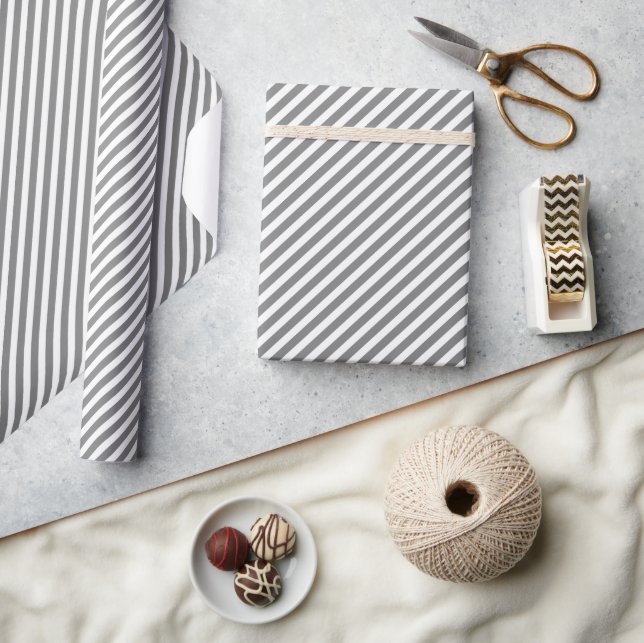 Chic Grey And White Diagonal Stripes Pattern Wrapping Paper (Crafts)