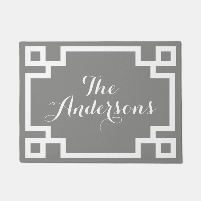 Chic Grey and White Greek Key Monogram Doormat (Front)