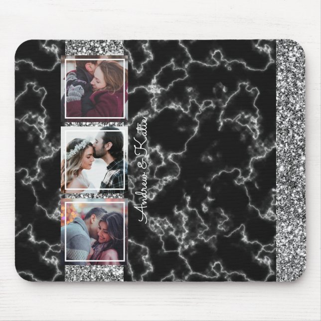 Chic Grey & black Marble 3 Photo Collage customise Mouse Pad (Front)