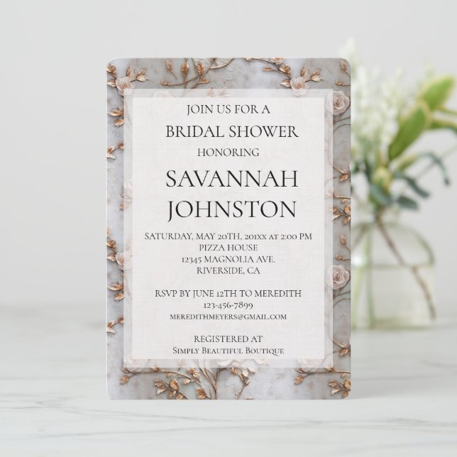 Chic Grey Blush Pink Roses Bridal shower Invitation (Standing Front)