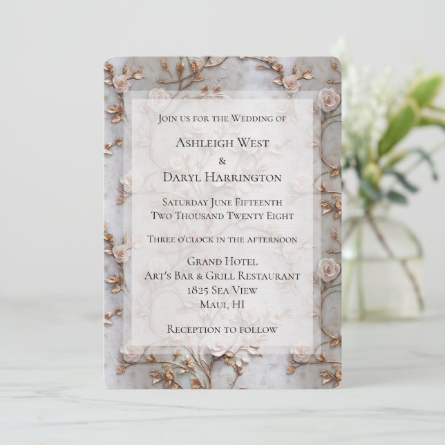 Chic Grey Blush Roses Wedding Invitation (Standing Front)