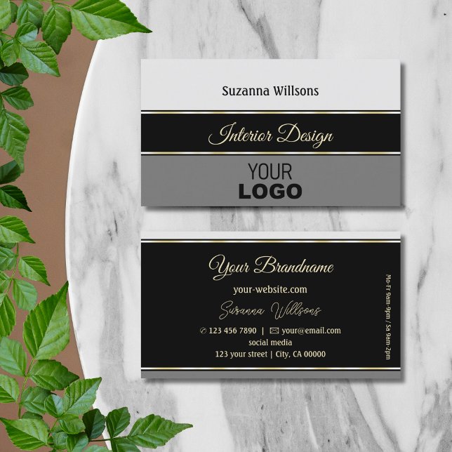 Chic Grey Borders on Black with Logo Professional Business Card (Creator Uploaded)