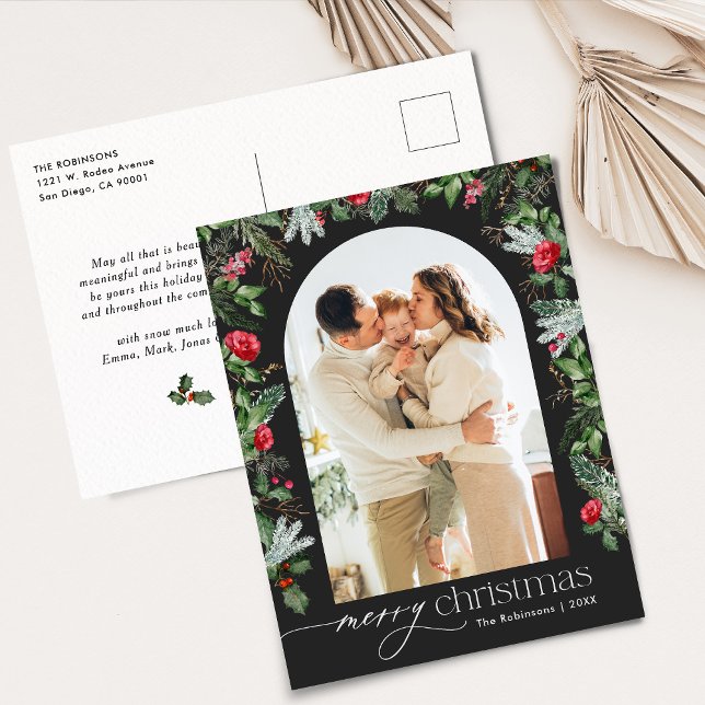 Chic Grey Botanical Arch Christmas 1 Photo Holiday Postcard (Creator Uploaded)