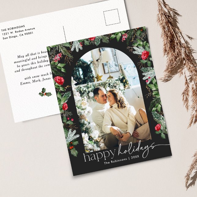 Chic Grey Botanical Foliage Arch 1 Photo Holiday Postcard (Creator Uploaded)