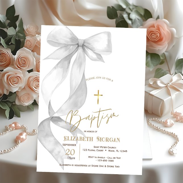 Chic Grey Bow Gold Cross Baptism Invitation (Creator Uploaded)