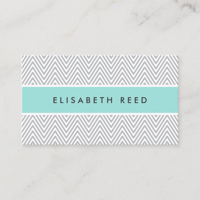 Chic grey chevrons aqua blue professional profile business card (Front)