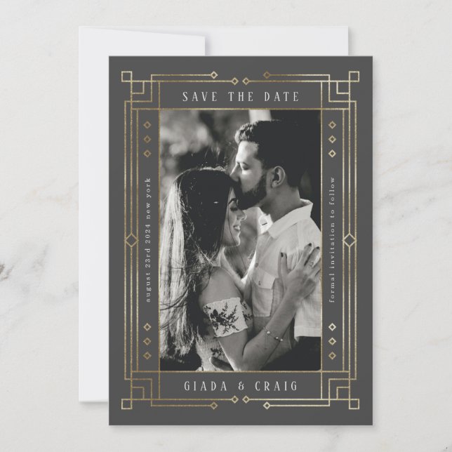 Chic Grey Faux Gold Foil Art Deco Save the Date Announcement (Front)