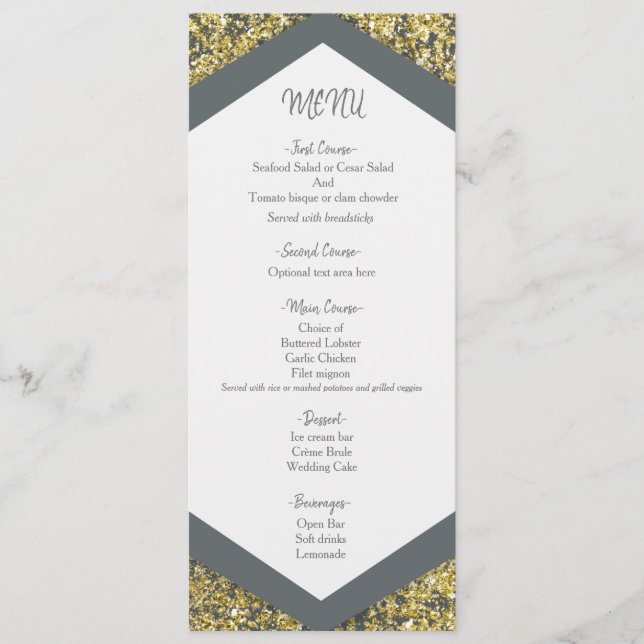Chic Grey & Gold Glitter Flakes Glam Wedding Menu (Front)