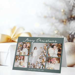 Chic Grey Green Christmas Photo Collage Folded Holiday Card