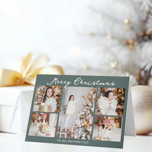 Chic Grey Green Christmas Photo Collage Folded Holiday Card (Creator Uploaded)