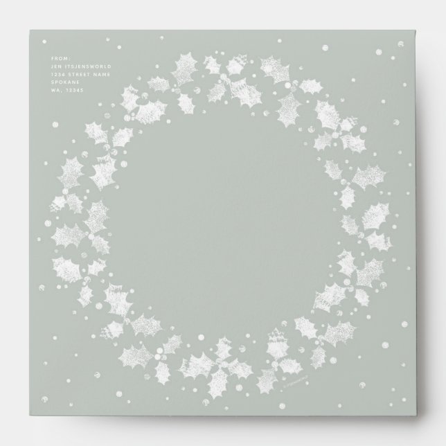Chic Grey Green Holly Wreath Return Address Square Envelope (Front)
