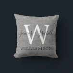 Chic Grey Linen Newlywed Monogram Wedding Keepsake Cushion<br><div class="desc">Elegant wedding keepsake grey woven linen effect pillow with your names, monogram and married name in chic handwritten script calligraphy and modern typography. Simply add your names and monogram. Great home decor gift for a newlywed couple. Exclusively designed for you by Happy Dolphin Studio. If you need any help or...</div>
