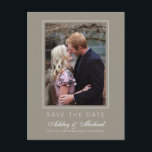Chic Grey Save the Date Engagement Photo Announcement Postcard<br><div class="desc">Modern, chic save the date photo postcard with elegant script and modern typography. The save the date card has a grey background with a subtle thin white frame around the photo. You can easily customise this save the date card with your upcoming wedding details, your engagement photo and a personal...</div>