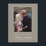 Chic Grey Save the Date Engagement Photo Announcement Postcard<br><div class="desc">Modern, chic save the date photo postcard with elegant script and modern typography. The save the date card has a grey background with a subtle thin white frame around the photo. You can easily customise this save the date card with your upcoming wedding details, your engagement photo and a personal...</div>