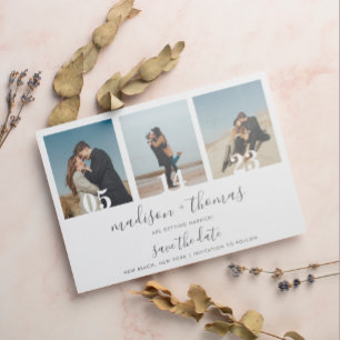 Chic Grey Script 3 Photo Wedding Save The Date Magnetic Invitation