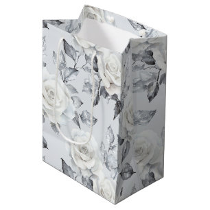 Chic Grey Silver White Floral Wedding Medium Gift Bag