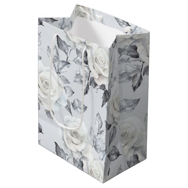 Chic Grey Silver White Floral Wedding Medium Gift Bag (Front Angled)