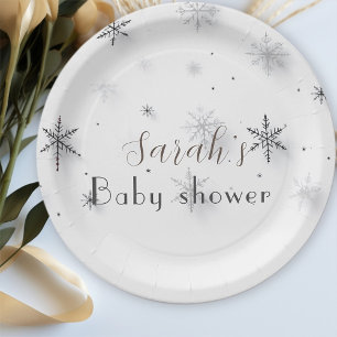 chic grey Snowflakes winter  Baby shower  Paper Plate