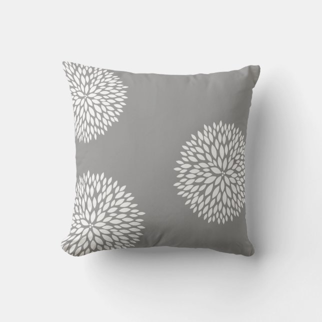 Chic Grey White Flowers Cushion (Front)
