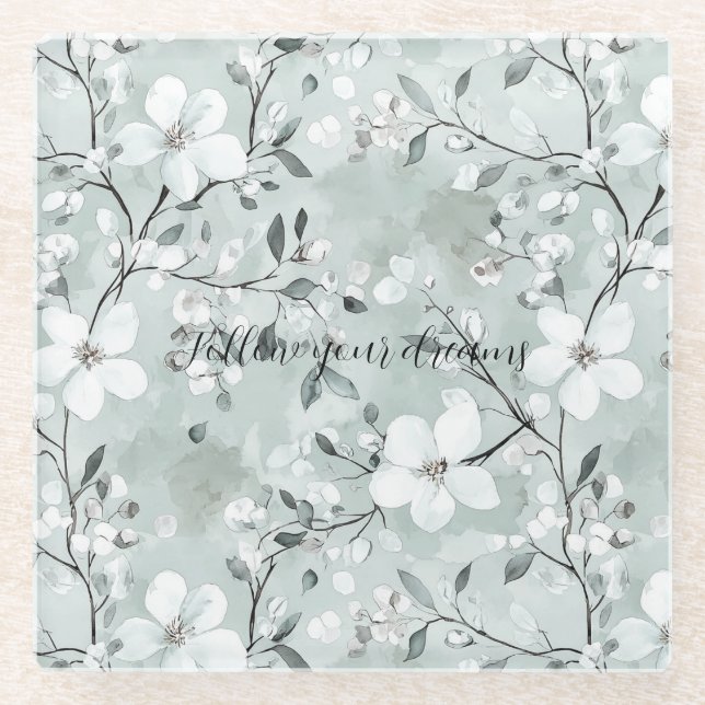 Chic Grey White Flowers Glass Coaster (Front)