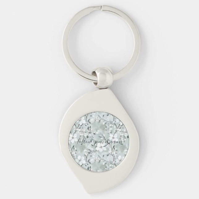 Chic Grey White Flowers Key Ring (Front)