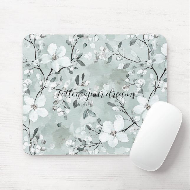 Chic Grey White Flowers Mouse Pad (With Mouse)