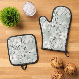 Chic Grey White Flowers Oven Mitt & Pot Holder Set