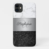 Chic Grey White Marble Black Glitter Monogram