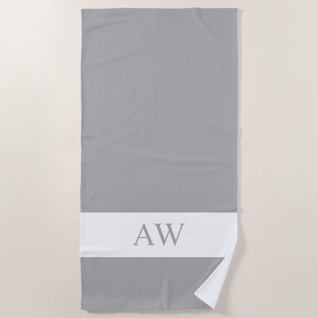 Chic Grey White Monogrammed Beach Towel (Front)