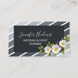 Chic Grey White Stripes Flower Botanical Business Card