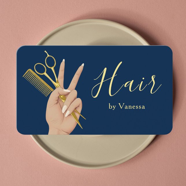 Chic Hair Salon Hairstylist Hairdresser Navy Blue Business Card (Creator Uploaded)