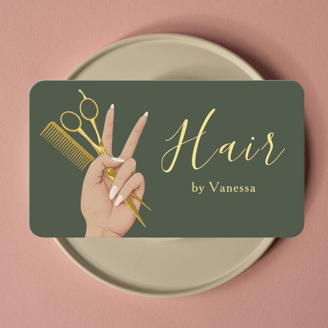 Chic Hair Salon Hairstylist Hairdresser Sage Green Business Card (Creator Uploaded)