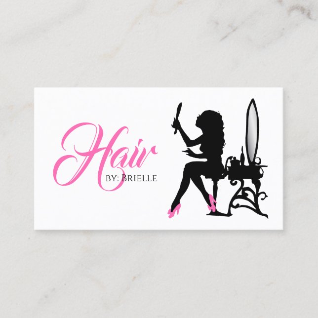 Chic Hair Salon Pink and Black Woman Hair Stylist Business Card (Front)