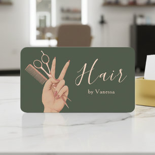 Chic Hairstylist Hairdresser Sage Green Rose Gold Business Card