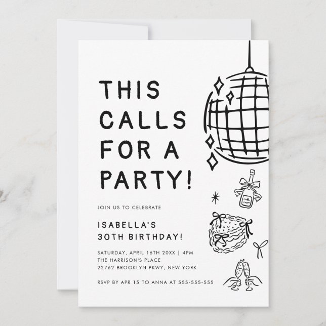 Chic Hand-Drawn 30th Birthday Party Invitation (Front)