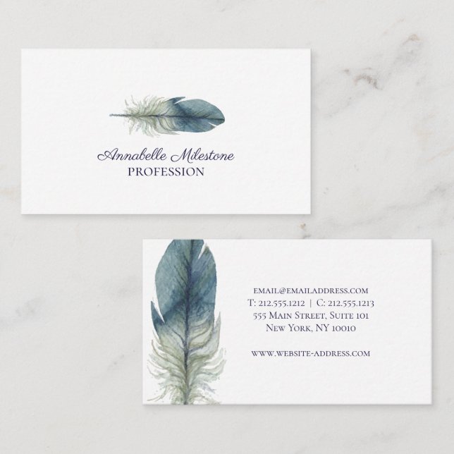 Chic Hand drawn blue grey watercolor feather Business Card (Front/Back)